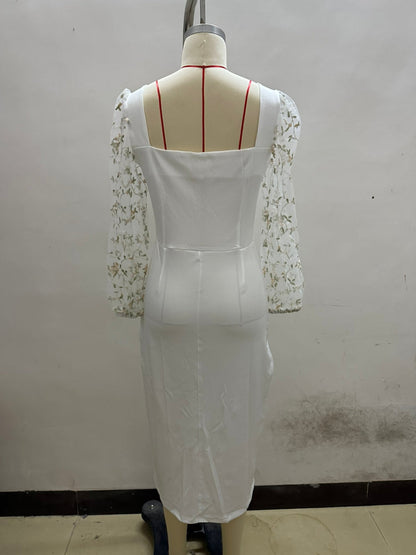 Square Neck Fishnet Embroidery Stitching Hip Dress