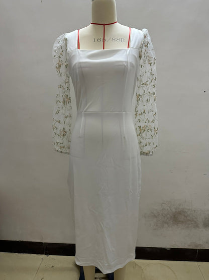 Square Neck Fishnet Embroidery Stitching Hip Dress