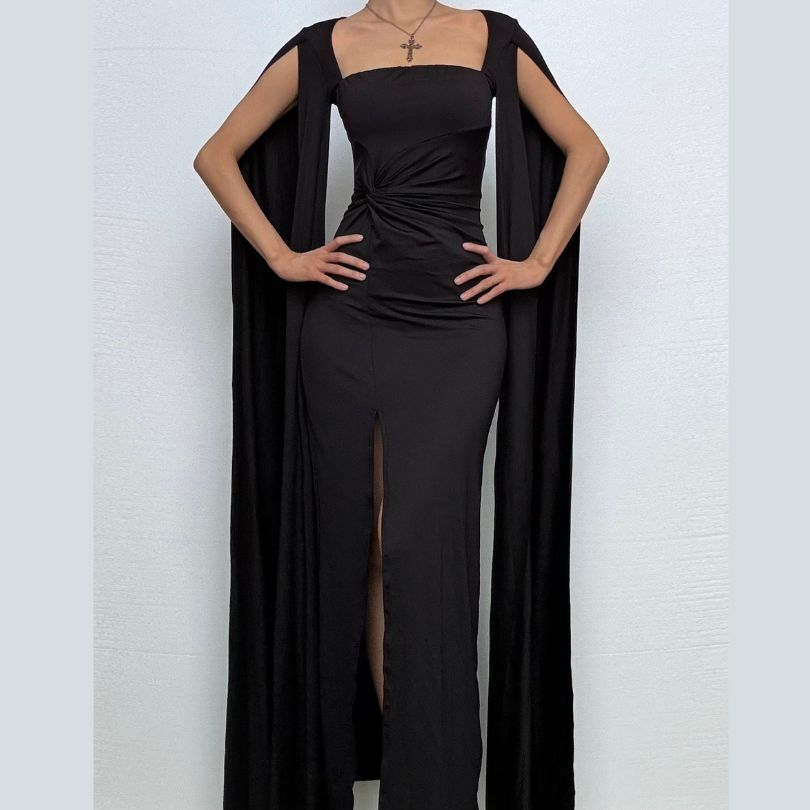 Long sleeve high slit square neck ruched maxi dress