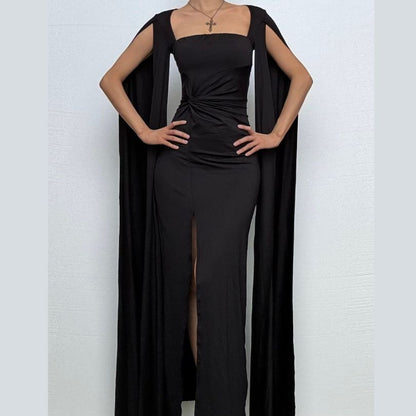 Long sleeve high slit square neck ruched maxi dress