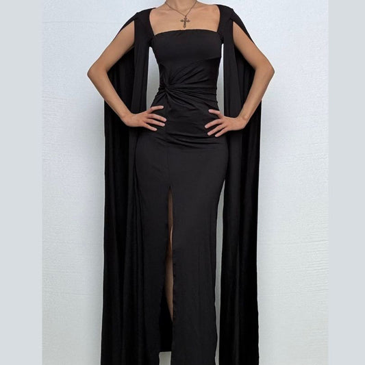 Long sleeve high slit square neck ruched maxi dress