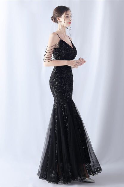 Beaded Mesh Cocktail Maxi Dress