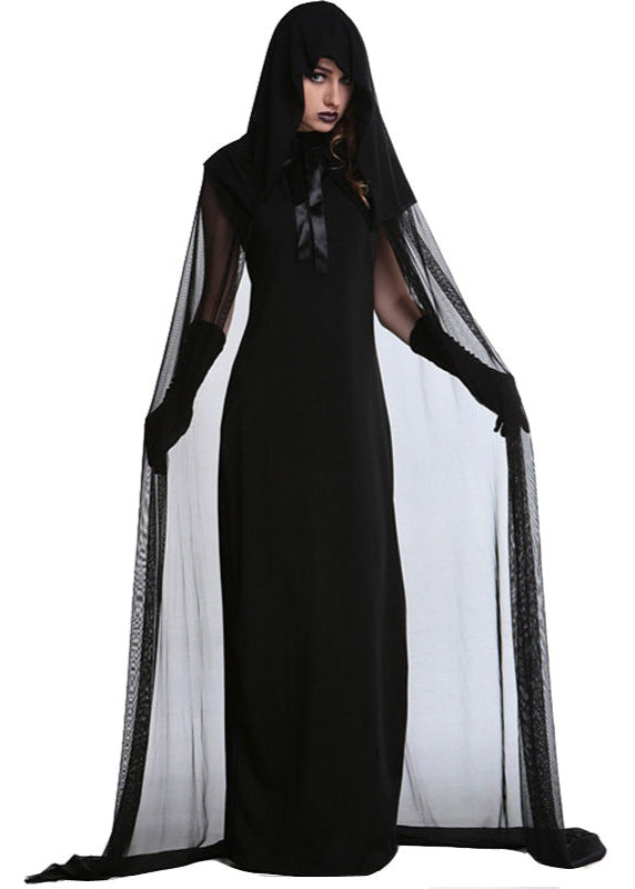 Gothic Witch Costume - Long Black Hooded Dress with Sheer Cape