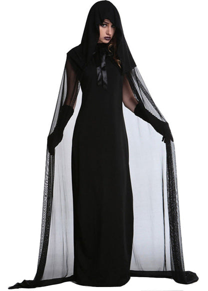 Gothic Witch Costume - Long Black Hooded Dress with Sheer Cape