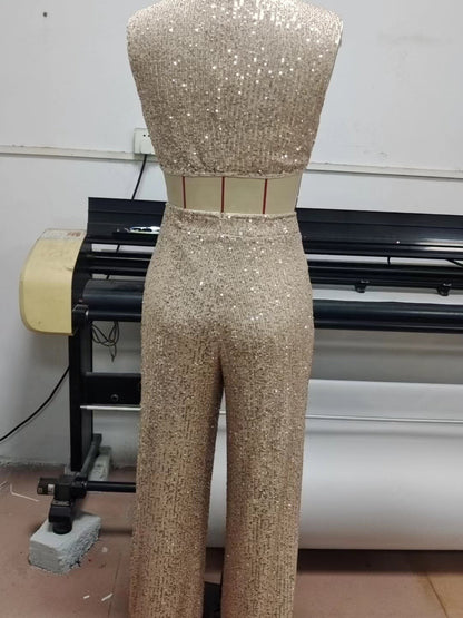 Sequins Sleeveless O Neck Short Top & Casual Trousers Coord Set