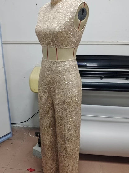 Sequins Sleeveless O Neck Short Top & Casual Trousers Coord Set
