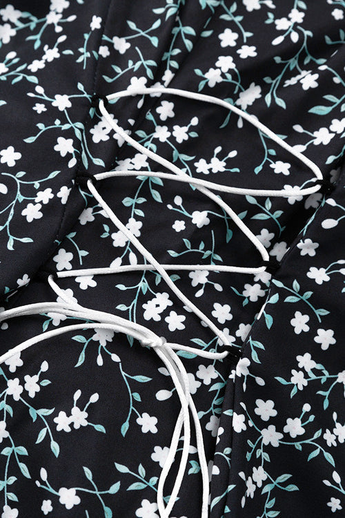 Flared Sleeve Round Neck Ruched Waist Floral Dress