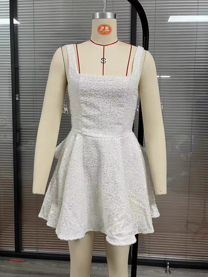 Sequin Mini Dress With Bow Back Square Neck A-Line Birthday Party Dress For Women 2026