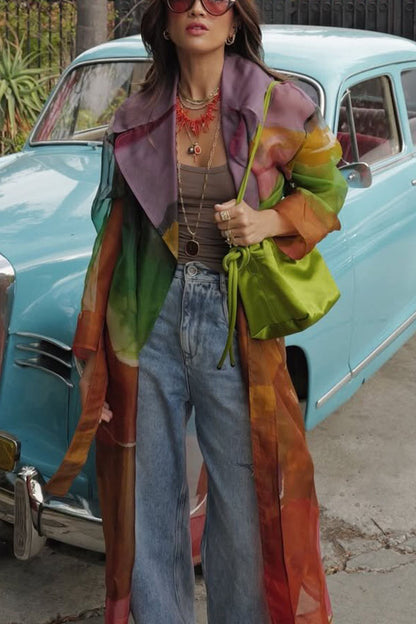 Vibrantly Color Organza Printed Tie-Waist Pocket Lapel Mid-Length Trench Coat