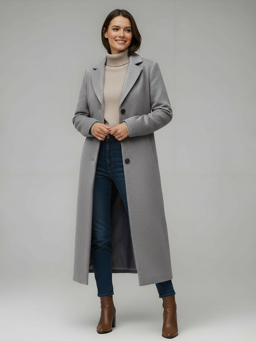 Woolen Long Straight Coat With Single-Breasted And Classic Notch Lapel For Women 2026
