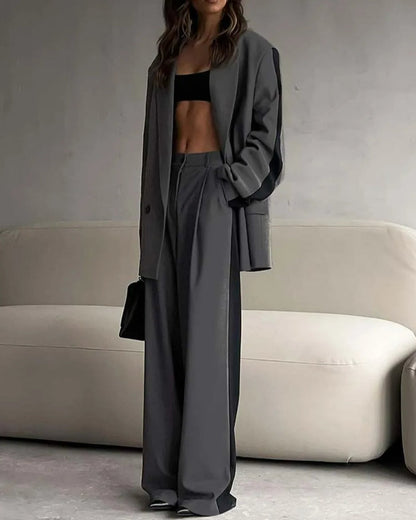 Grey Patchwork Blazer Trousers Office Two Piece Set