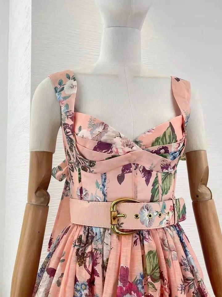 Floral Print Tied Strap Belt Dress