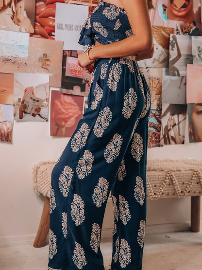Bandeau Top Two Piece Bow Tank Top Printed Wide Leg Pants Coord Set