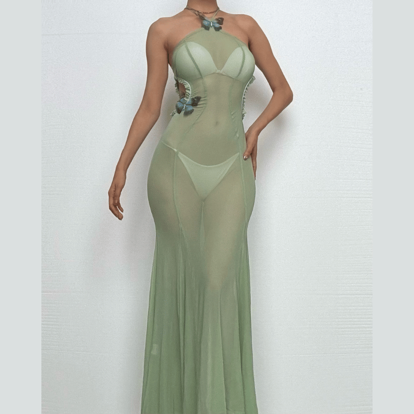 Halter sheer mesh butterfly applique backless maxi dress