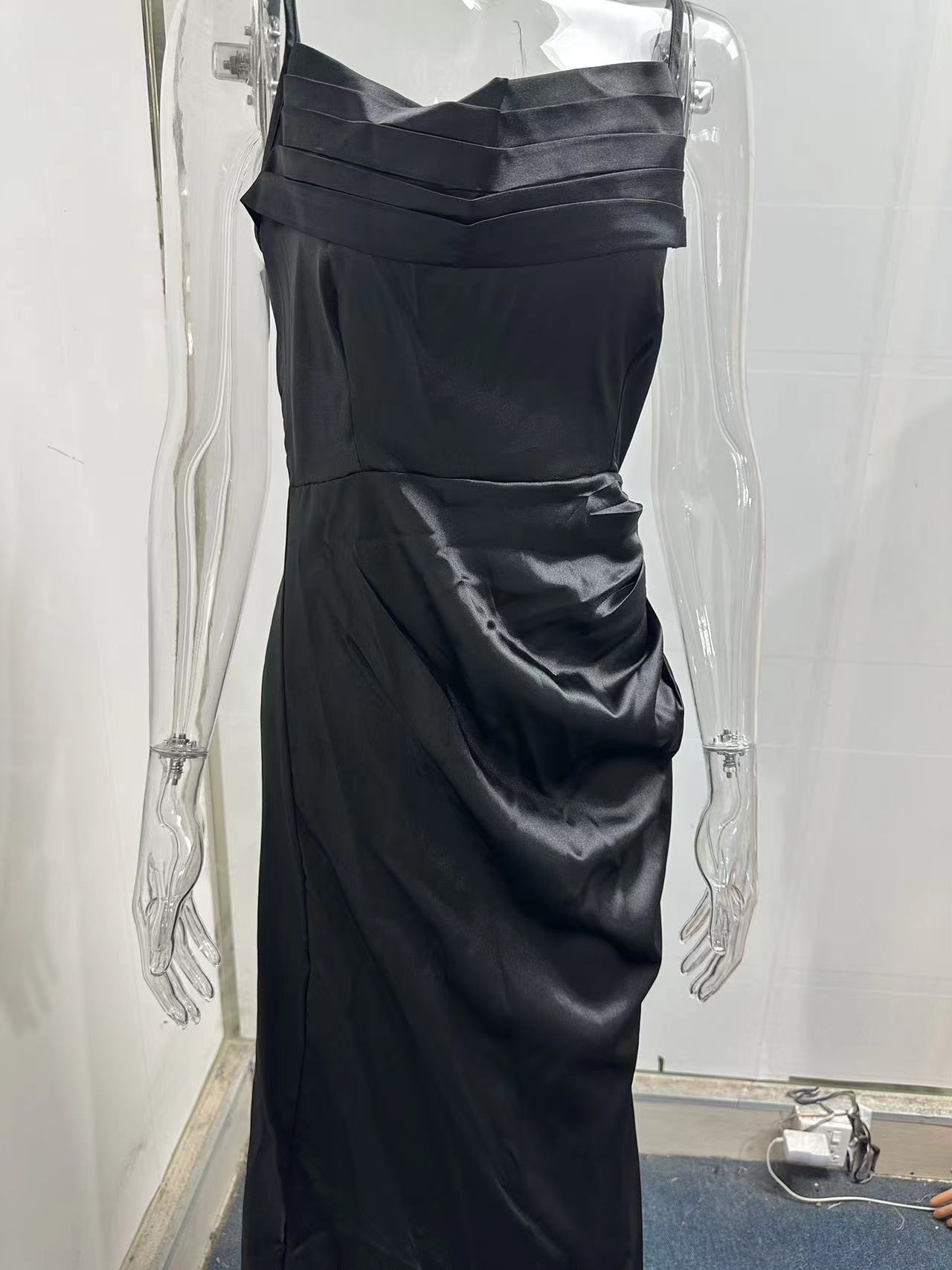 Spaghetti Strap Pleated Slit Satin Dress