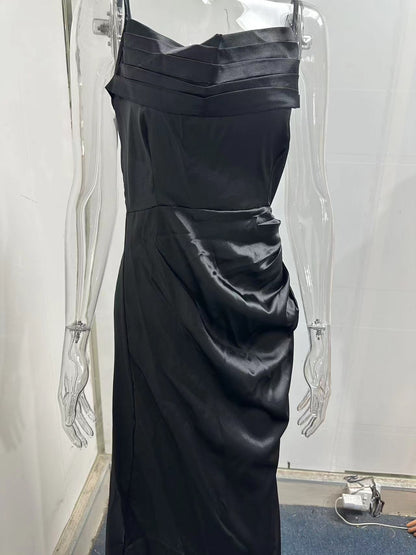 Spaghetti Strap Pleated Slit Satin Dress