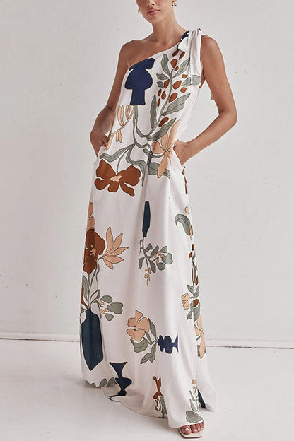 Tie Knot One Shoulder Floral Print Maxi Dress