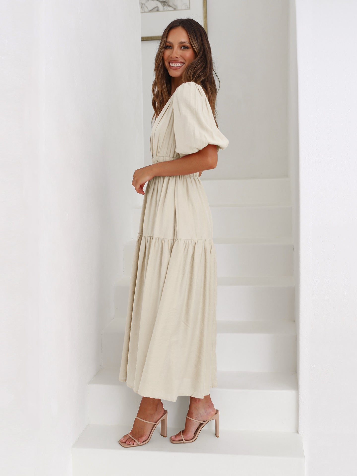 Deep V-Neck Puff Sleeve Smocked Waist Tiered Maxi Dress