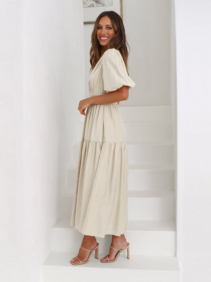 Deep V-Neck Puff Sleeve Smocked Waist Tiered Maxi Dress