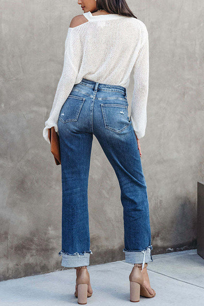High Waist Straight Leg Ripped Denim Pants