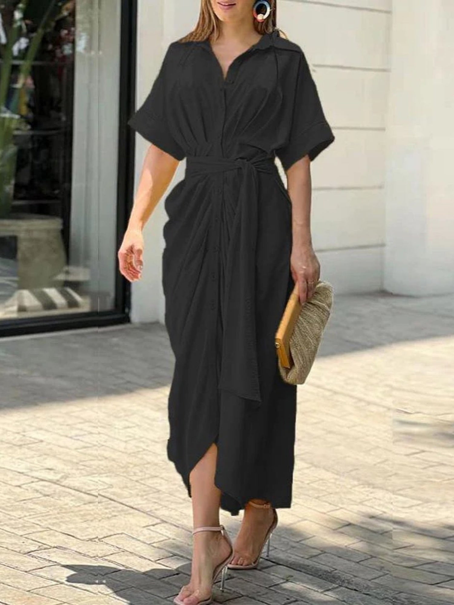 Lapel Shirt Dress Short-sleeved Single-breasted High-waisted Maxi Dresses