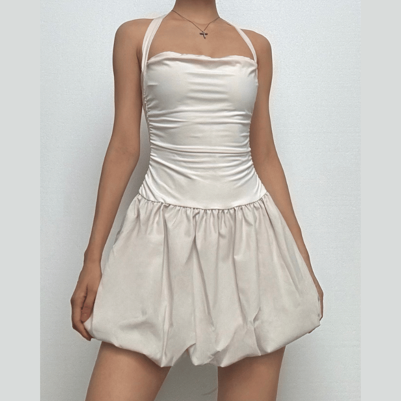 Halter ruched knotted solid mini dress