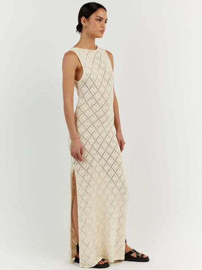 Hollow Out Mesh Beach Vacation Knitted Slit Dress