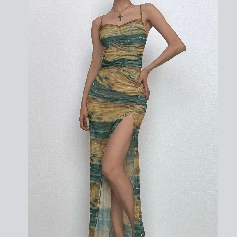 Sheer mesh contrast high slit ruched knotted cami maxi dress