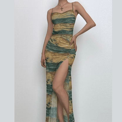 Sheer mesh contrast high slit ruched knotted cami maxi dress