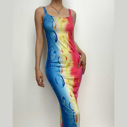 Abstract Bubble Ring Print Scoop Neck Bodycon Midi Dress