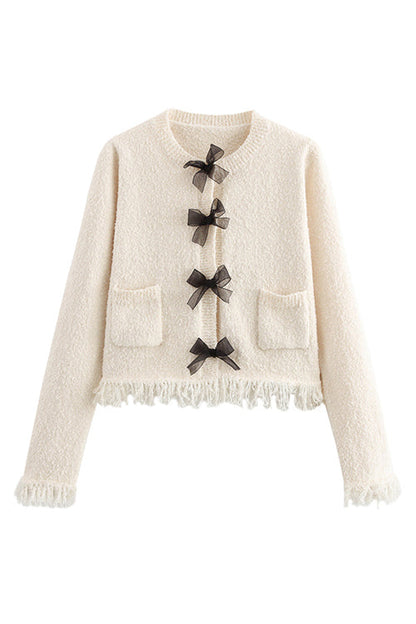 Crewneck Frayed Hem Pocketed Bow Sweater