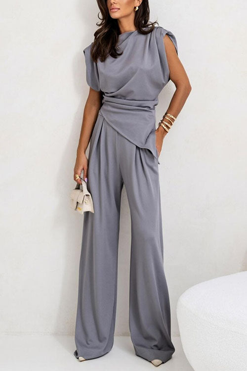 Ruched Asymmetrical Top and Wide Leg Pants Set