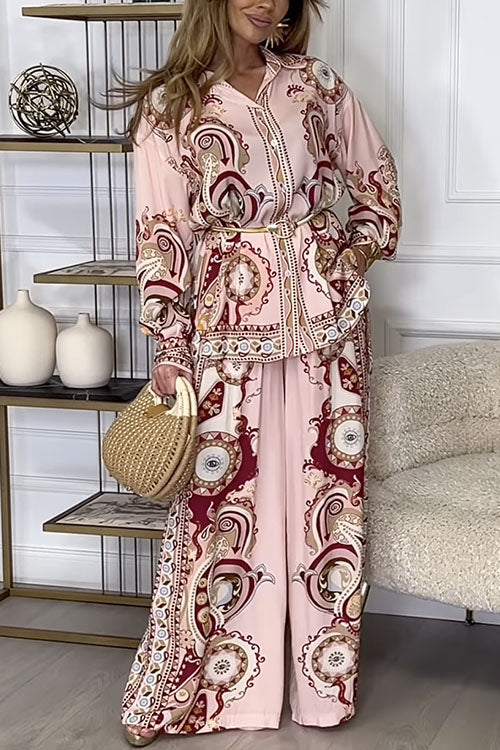 Unique Print Long Sleeves Button Up Shirt and Wide Leg Palazzo Pants Set