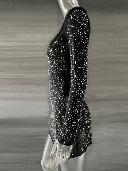 Sequins Rhinestone Semi See through Full Sleeve Short Dress