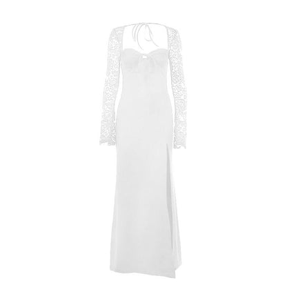 Sweetheart neck long sleeve self tie slit maxi dress