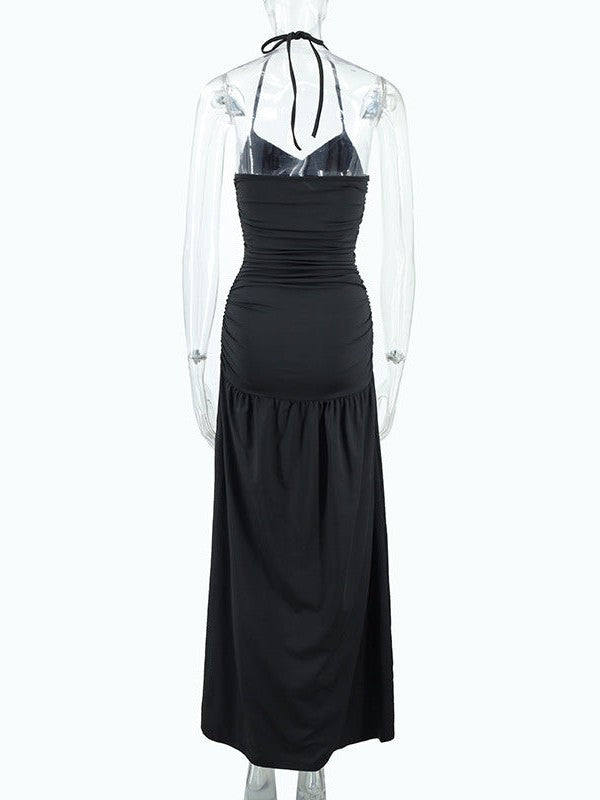 Tied Halterneck Ruched Slit Maxi Dress