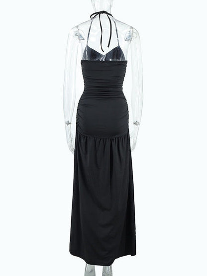 Tied Halterneck Ruched Slit Maxi Dress