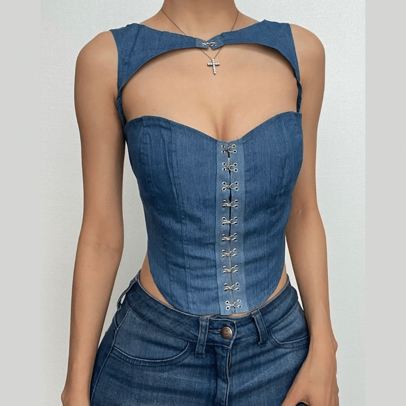 Hollow out button sleeveless corset low cut denim cut out top