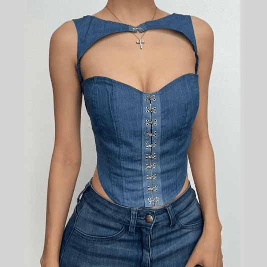 Hollow out button sleeveless corset low cut denim cut out top