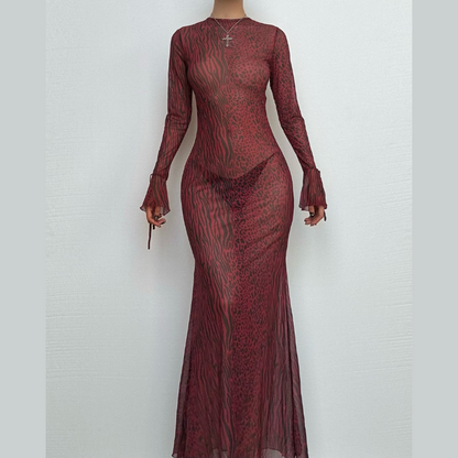 Long flared sleeve tiger print sheer mesh backless maxi dress