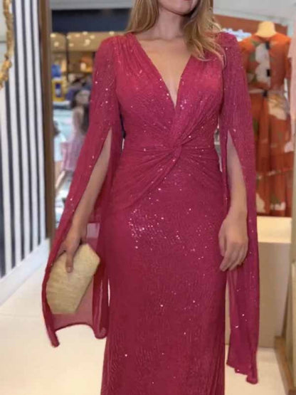 V-neck Hip-hugging Sequins Cloak Parties Maxi Dresses