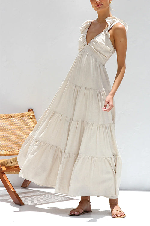 Plunging V-Neck Ruffle Strap Tiered Empire Waist Maxi Dress