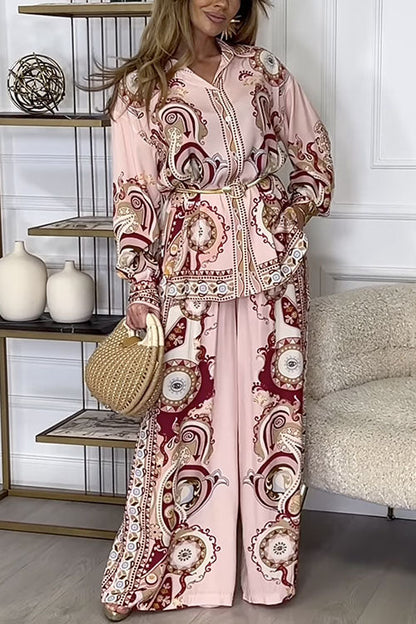 Meridress Unique Print Long Sleeves Button Up Shirt and Wide Leg Palazzo Pants Set