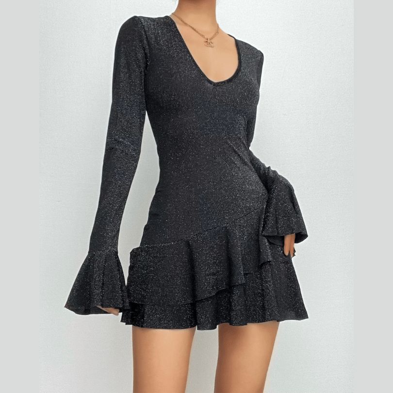 Glitter Deep V Bell Sleeve Tiered Ruffle Hem Mini Dress