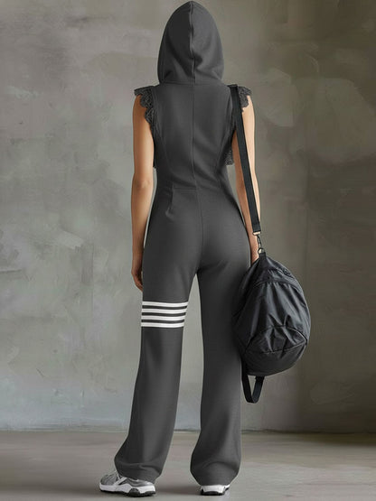 Women’s Sleeveless Long Jumpsuit - Hoodie Striped Casual Outfit