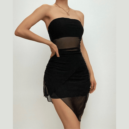 Strapless Mesh Panel Ruched Asymmetrical Hem Bodycon Mini Dress