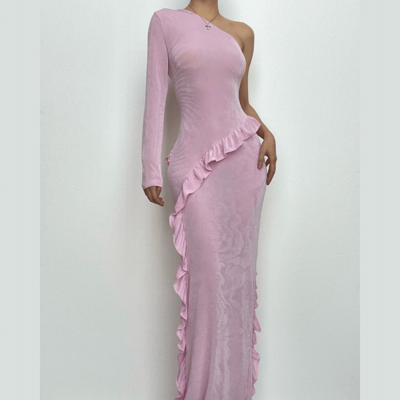 One shoulder solid ruffle irregular maxi dress