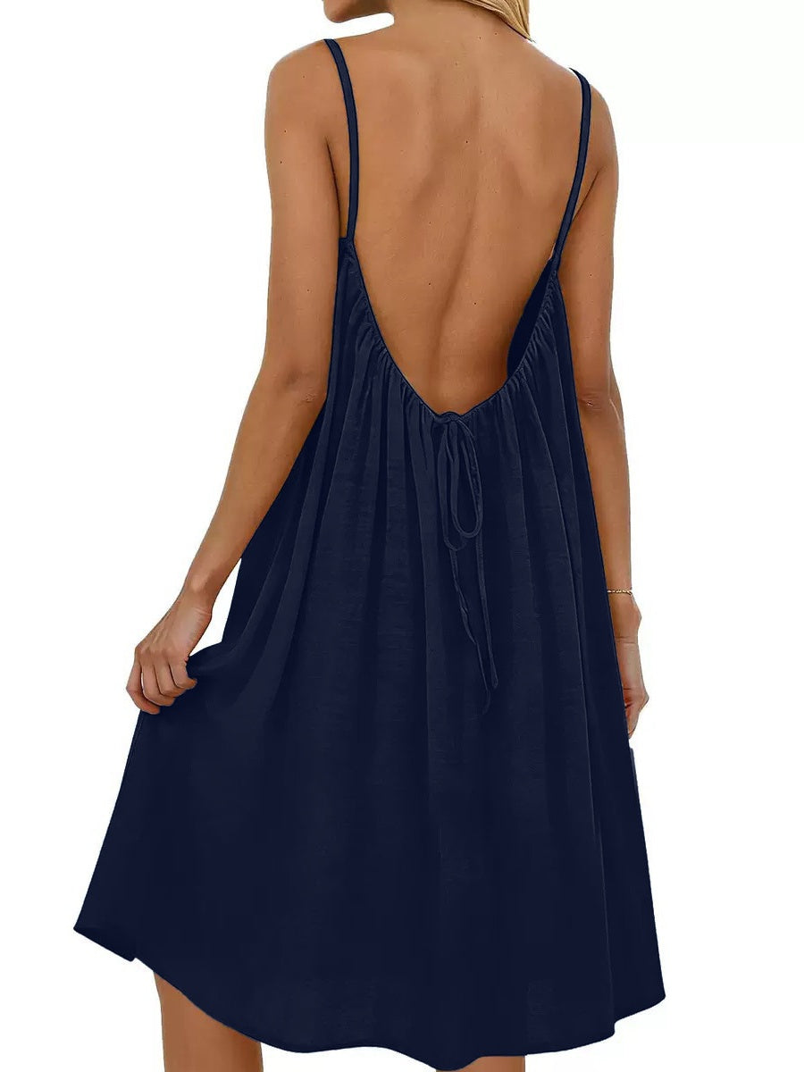 Ice Silk Linen Backless Halter Solid Color Midi Dress