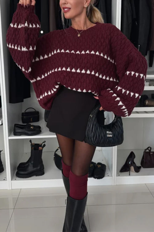 Lantern Sleeves Color Block Chunky Knit Sweater