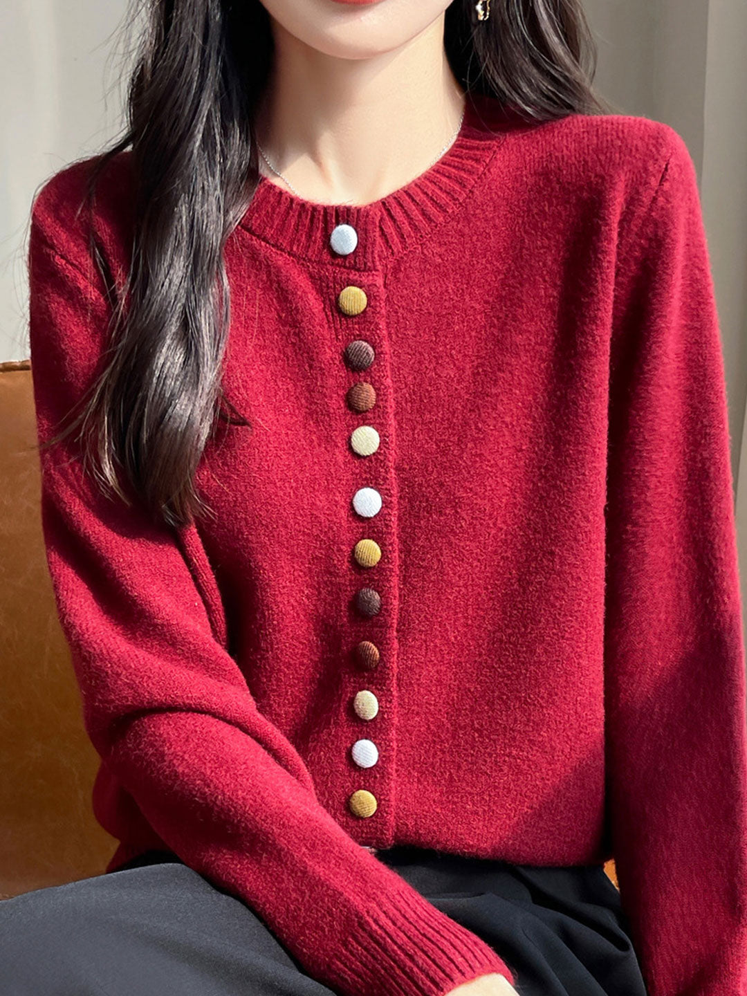Sophia Classic Crew Neck Colorful Button Knitted Cardigan-Apricot